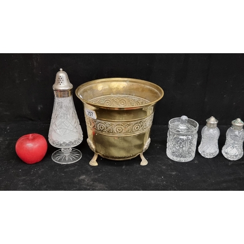 257 - A selection of vintage tableware. Including Irish crystal salt and pepper shakers, with a Waterford ... 