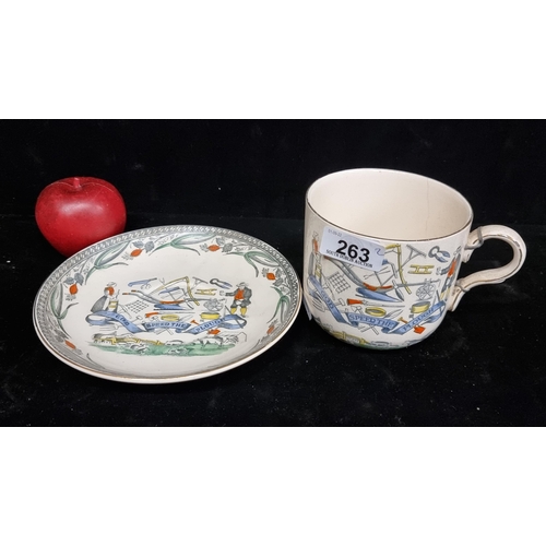 263 - A large example of a Burgess & Leigh Burleigh ware mug and saucer in the Farmer's Arms pattern. Feat... 