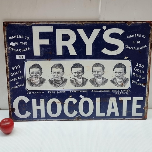 274 - A large metal advertisement for ''Fry's Chocolate'' depicting the different stages of waiting for an... 