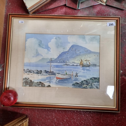 290 - A cheerful original watercolour on paper depicting bathers at the seashore, with the Mourne mountain... 