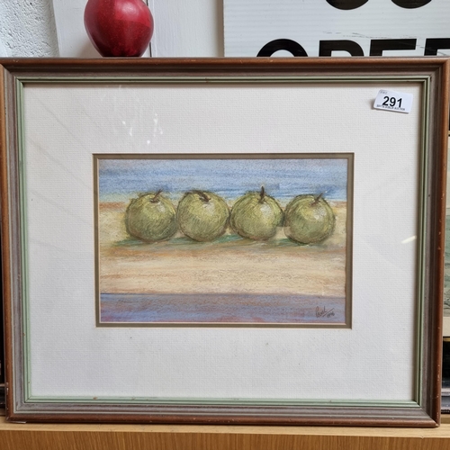 291 - A framed original, oil pastel on paper portraying a collection of four colourful green apples. Signe... 