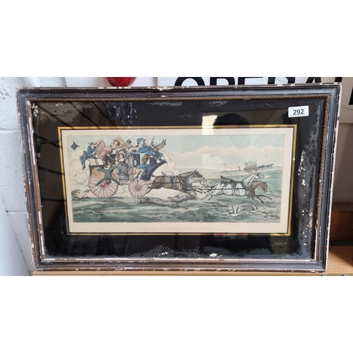 292 - A large framed antique lithograph depicting a humorous scene of rowdy horses gone awry and the ensui... 