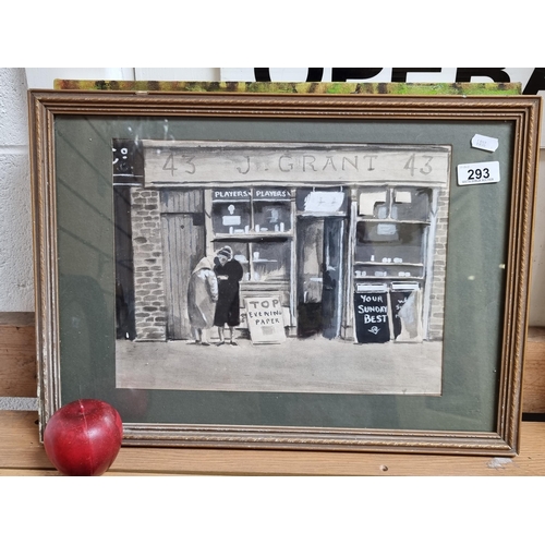 293 - A gorgeous original ink and gouache on paper depicting two elderly women enjoying a gossip outside t... 