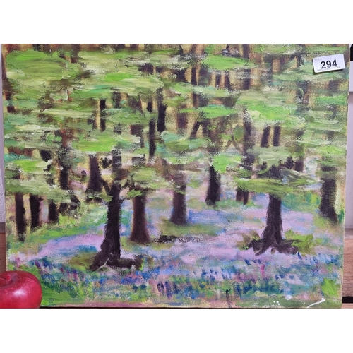 294 - A lovely original acrylic on canvas showing a vibrant forest with dappled light. Signed verso L.K. D... 