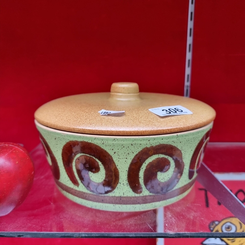 306 - A beautiful, Mid century modern retro lidded casserole dish, with mint green glaze and brown spiral ... 