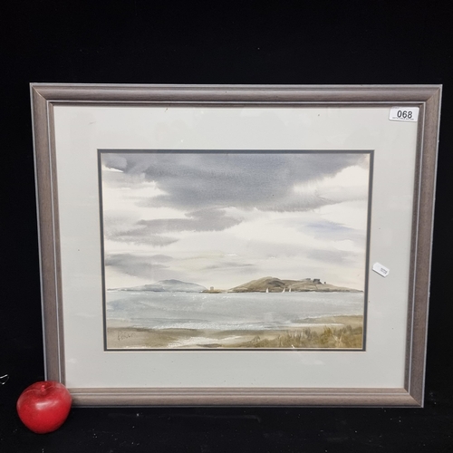 68 - A good sized original watercolour on paper painting showing a shoreside scene with boats in the dist... 