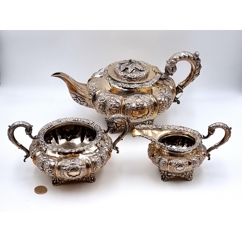 769 - Super Star Lot. A famous Irish Silver 3 piece tea set  heavily embossed in the Rocco style. Hallmark... 