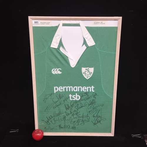 83 - Star lot : A framed Jersey of Rugby player Denis Hickie signed by the team and work by Hickie for th... 