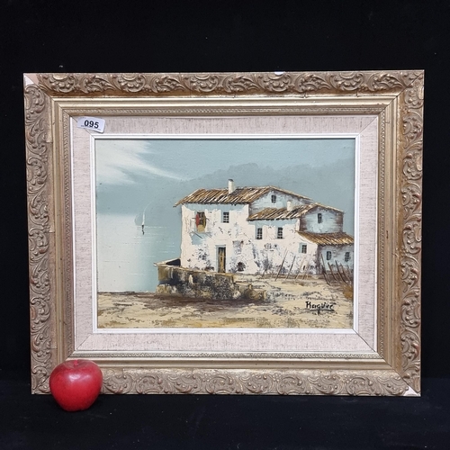 95 - A lovely original oil on canvas featuring a textural rendition of an isolated, seaside Mediterranean... 