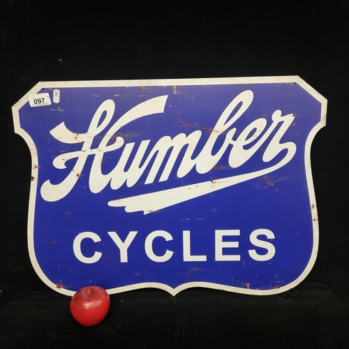 97 - A good sized shield shaped metal advertising sign for Humber cycles in blue and white.