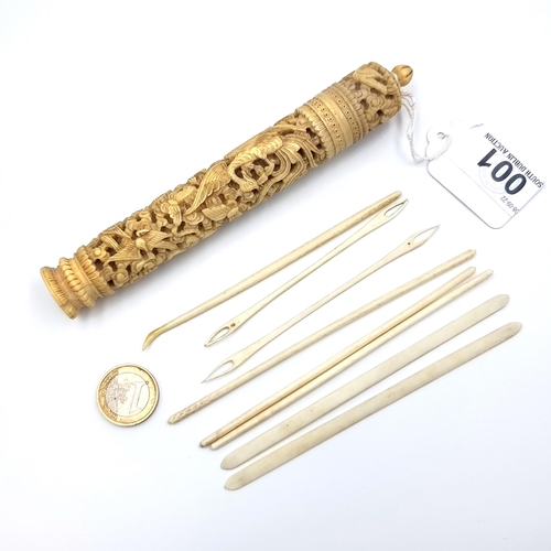 1 - A beautifully carved Chinese Victorian needle case with a set of eight carved needles. Featuring a t... 