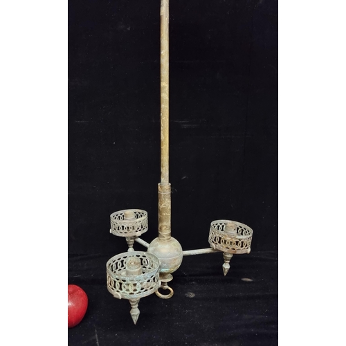 104 - A beautiful example of an early Edwardian, three branch, brass candelabra. Would originally been gas... 