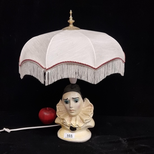 165 - An unusual vintage table lamp featuring Pierrot the clown with sorrowful expression and wide brimmed... 