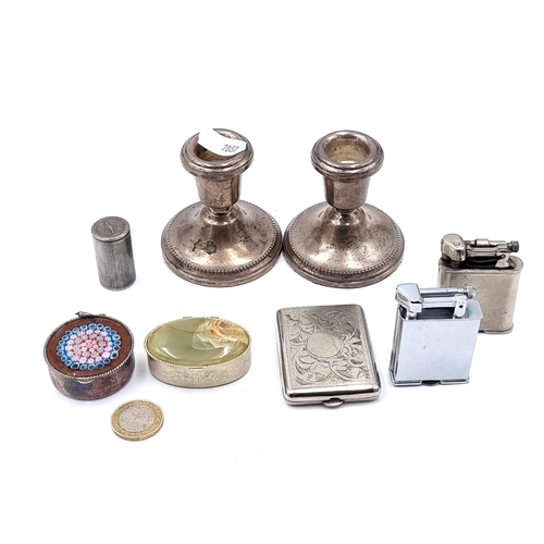 40 - An excellent collection of items, consisting of a pair of sterling silver filled candle sticks (weig... 