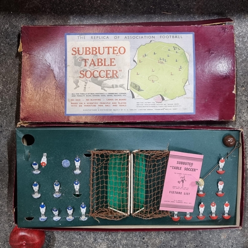 A fabulous 1954 Subbuteo kit consisting of pitch, goals and ball. With the added addition of cardboard players (as opposed to the later model resin figures). A great example. Hard to get them in this condition this early.
