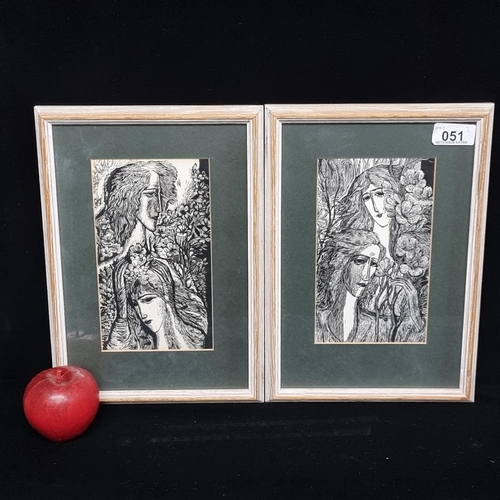51 - Two stunning original linocut prints of fairy-like women surrounded by heavy foliage and flowers hou... 