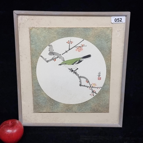 52 - A charming vintage original Chinese ink wash painting of a finch on a cherry blossom on iridescent m... 