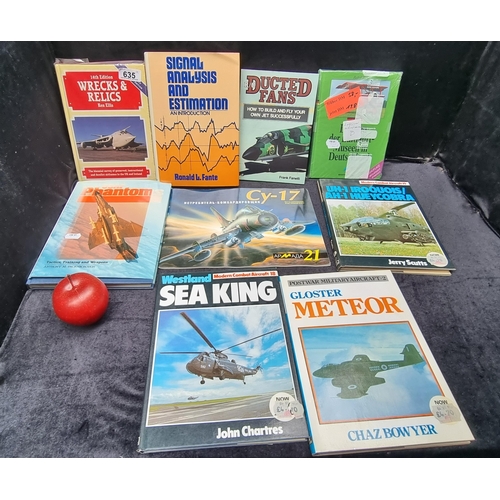 635 - A collection of nine books of aeronautical interest including Wrecks and Relics,  Westland Sea King.