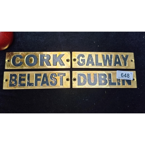 648 - Four brass wall mounting plaques reading Dublin, Galway, Cork and Belfast.