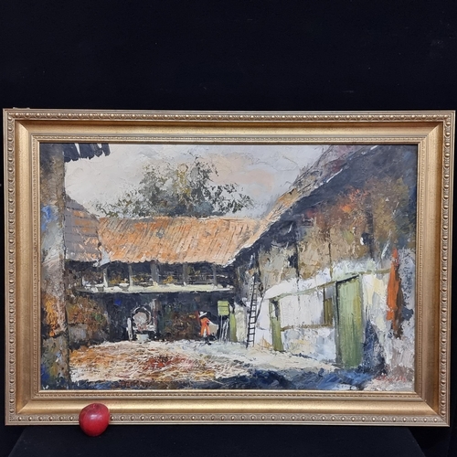 67 - A very large original oil on canvas painting featuring a highly textural rural courtyard complete wi... 