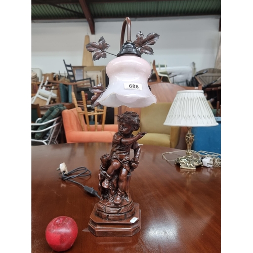 688 - A heavy table lamp with figural lamp base in the form of a boy with his dog, with delicate pink flut... 