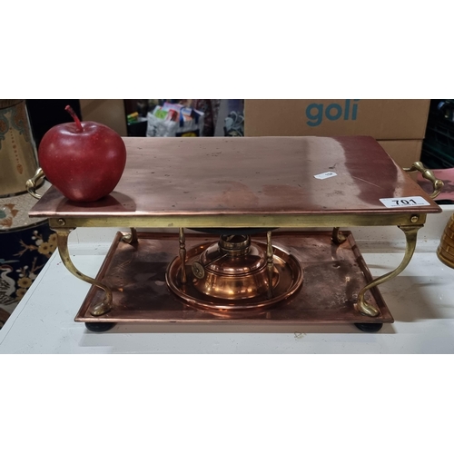 701 - A great example of an antique copper and brass food warmer. Handsome !