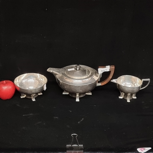 87 - A stunning footed Art Deco EPNS tea set, with one fifth electroplated Britannia silver. Tea pot with... 