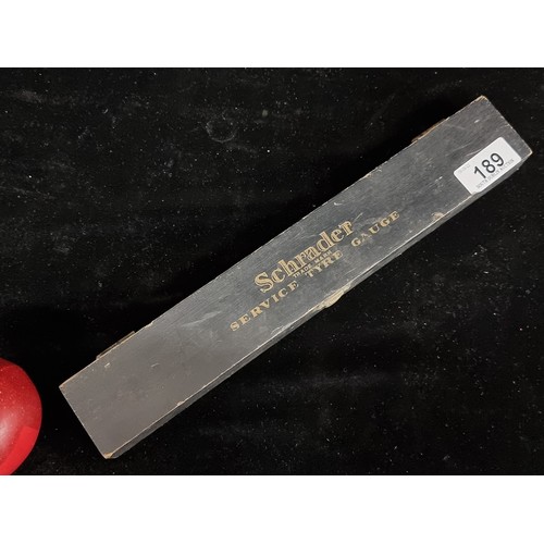 189 - A vintage metal 8290 service tire gauge made by Schrader, Scoval with original certificate of accura... 