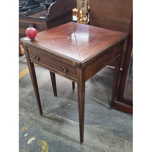 462 - Star Lot : A charming Edwardian card table with handkerchief folding top, inlay lined with green fel... 