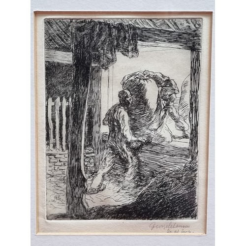 277 - A lovely original copper plate etching showing two workers lifting heavy sacks. Signed bottom right ... 