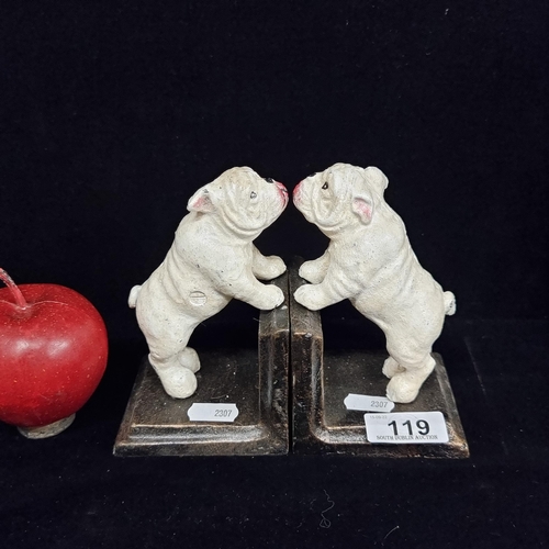 119 - A pair of lovely heavy cast metal bookends with a white bulldog figure. Hand-painted and very sweet.