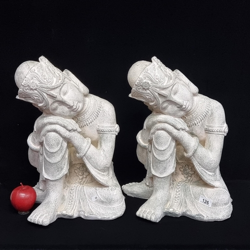 126 - A pair of large, plaster Buddhist figures, depicting peaceful, meditating Bodhisattvas. With a sage ... 