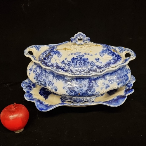 213 - A Burslem fine china soup tureen and a serving dish in blue and white pattern. Antique repairs.