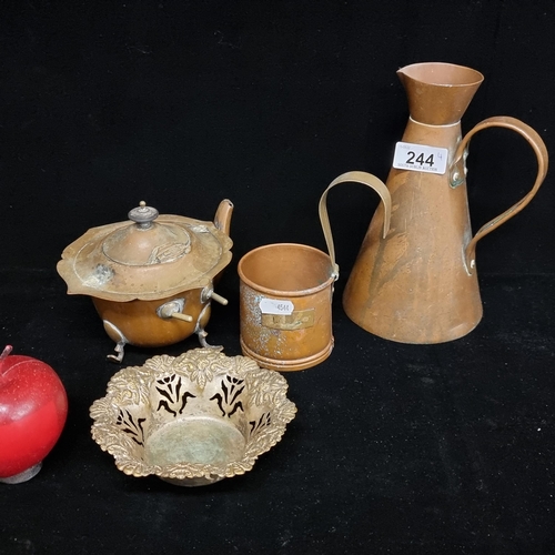 244 - A good collection of four serving and home ware items. Including a wonderful vintage copper milk mea... 