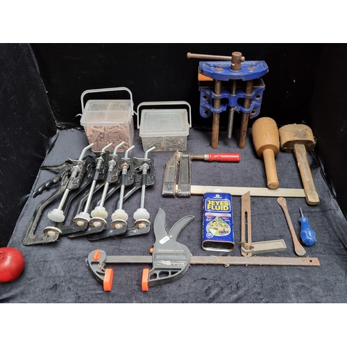 270 - A good selection of tools and DIY items, including a Record V175 bench vice, clamps and a large coll... 