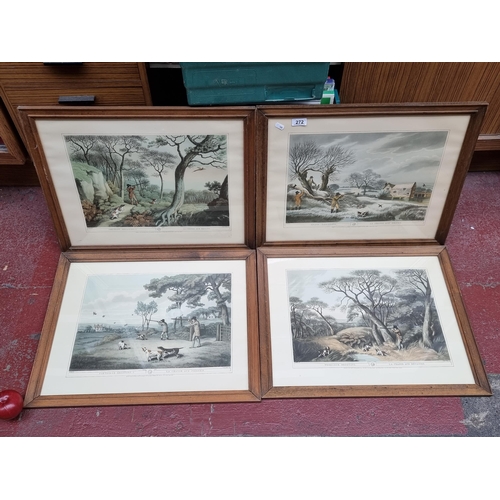 272 - Four high quality prints concerned with hunting snipe, partridge, woodcock and pheasant. Held in woo... 