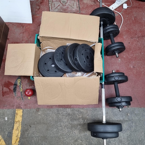 301 - A barbell with a selection of pro-power brand weighted plates. With a total weight of 47.5kg, includ... 