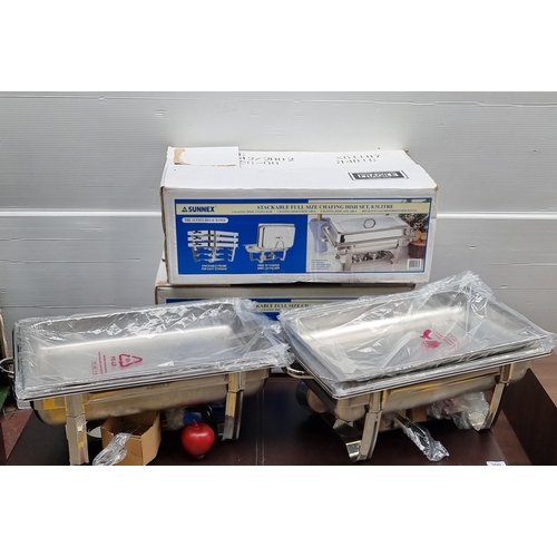 303 - Two brand new Sunnex full size chafing dish set - with 8.5 litre capacity, wire lid holder and stack... 