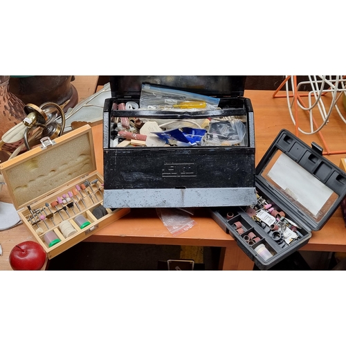 329 - A Talco toolbox with contents, including new corner braces, and sanding items.