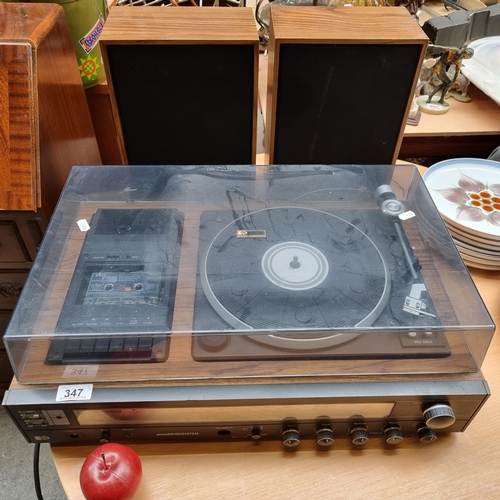 347 - A vintage PYE stereo music system with turn table, cassette deck and radio. Along with matching spea... 