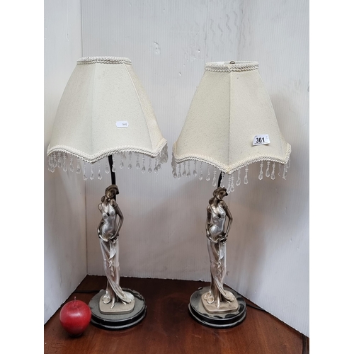 361 - An elegant matching pair of table lamps with figural stem and beaded fabric shade.