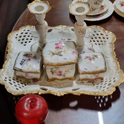 402 - A lovely six-piece Limoges dressing table set, including candle sticks etc. Very pretty.