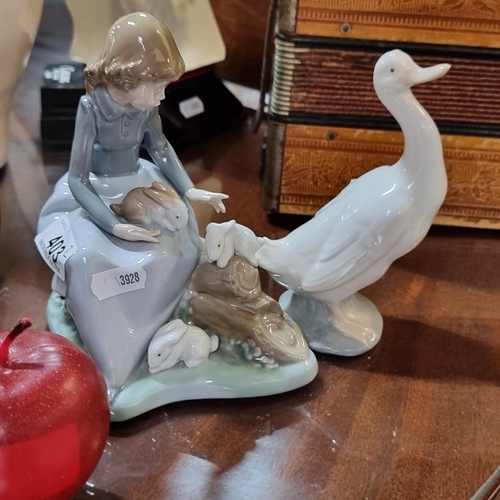 403 - A pair of Neo porcelain figures, including a girl with rabbits and duck.