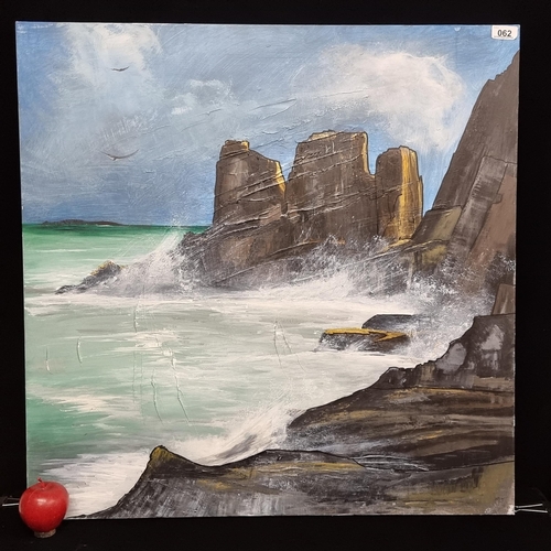 62 - A large original oil on canvas painting showing waves crashing against a rocky shore. Signed lower r... 