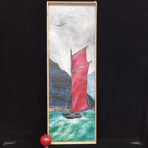 64 - A tall original oil on canvas painting of a sailboat on a stormy evening by Irish artist Marcel Lind... 