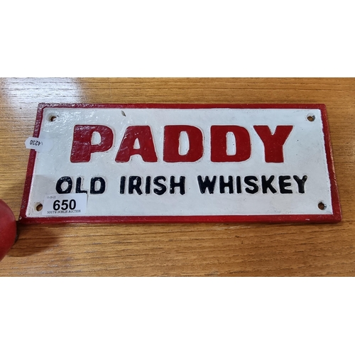 650 - A great metal wall advertising plaque stating 'Paddy Old Irish Whiskey'.