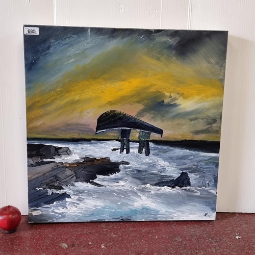 685 - A striking original acrylic on canvas, by Irish artist Marcel Lindsay, depicting fishermen at dusk, ... 