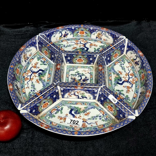 702 - A beautiful five-piece porcelain crudité set in the Japanese Imari style supplied with a Lazy Susan ... 