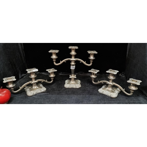 709 - Three beautifully crafted and heavy silver-plated candelabras, each with three branches and grapevin... 