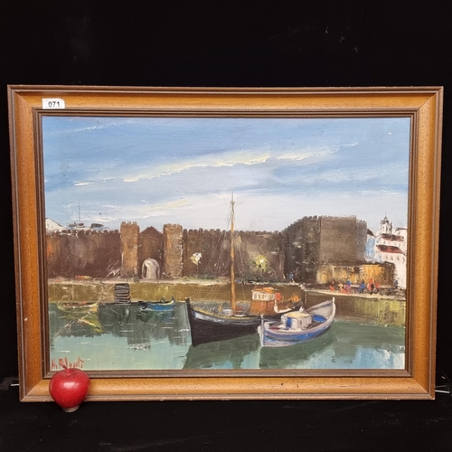 71 - A large original oil on board featuring ships moored at harbour in a Spanish fortified town. Signed ... 